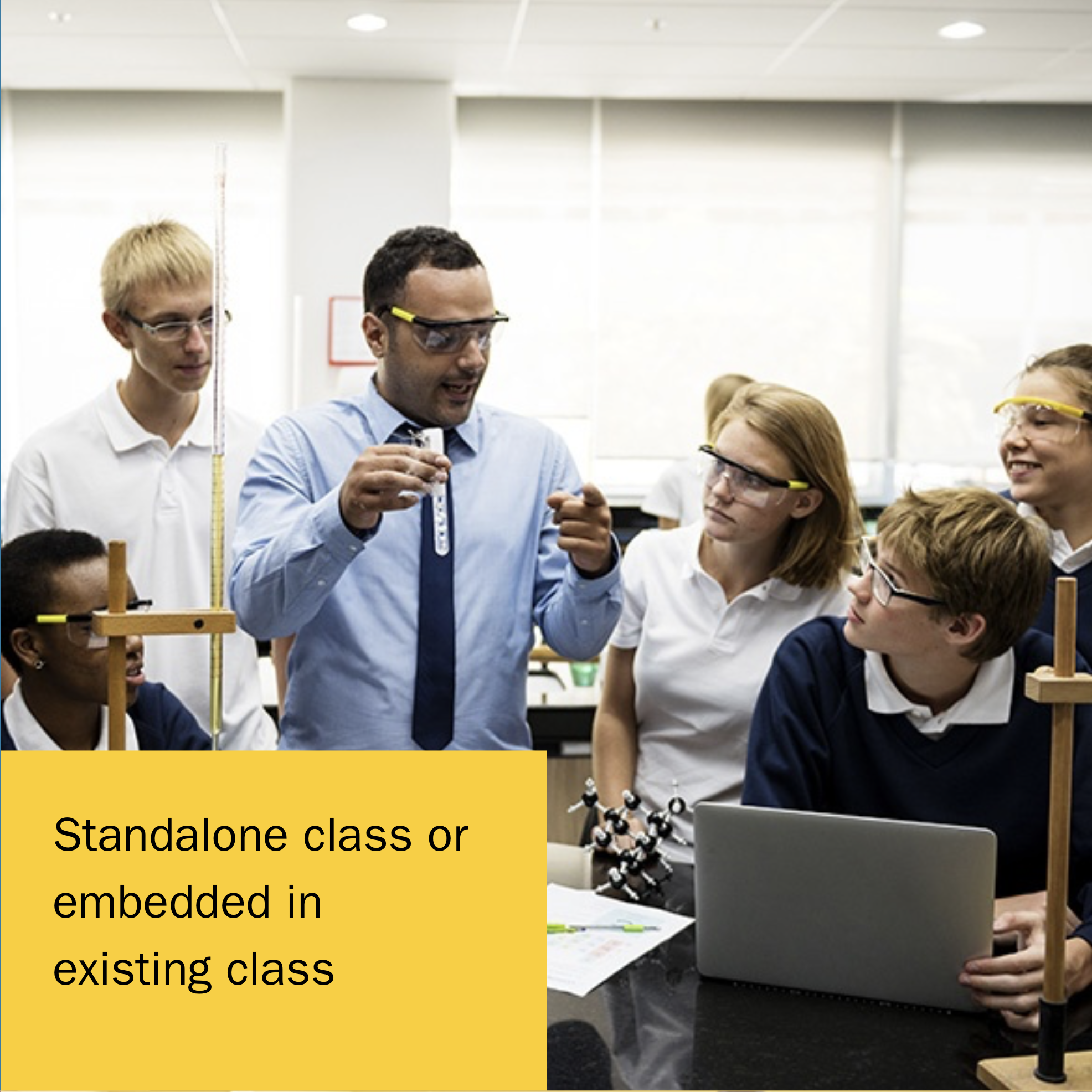 Students and teacher in a lab with the caption Standalone class or embedded in existing class
