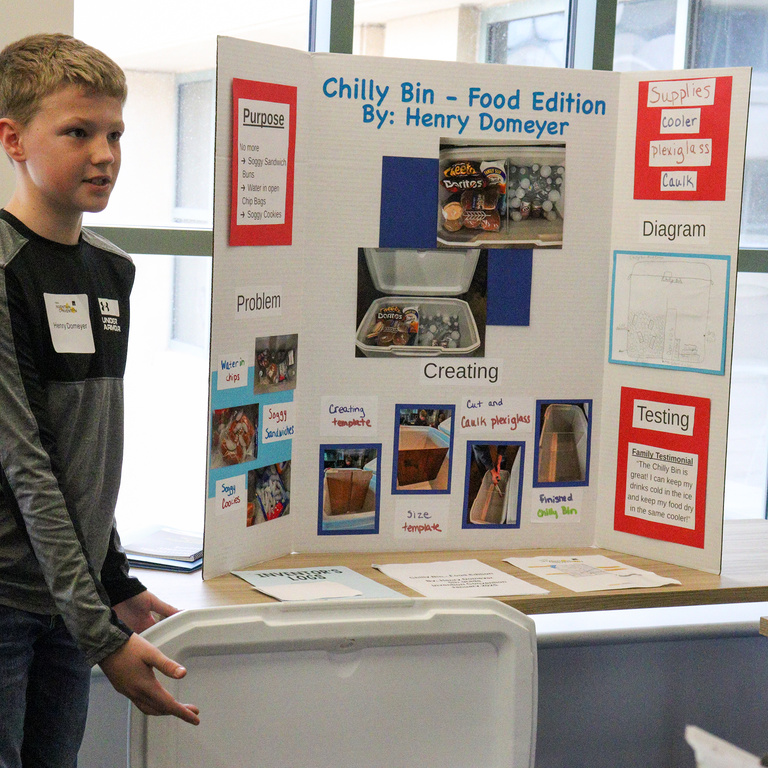 Henry presenting his "Chilly Bin" at the 2025 Iowa Invention Convention