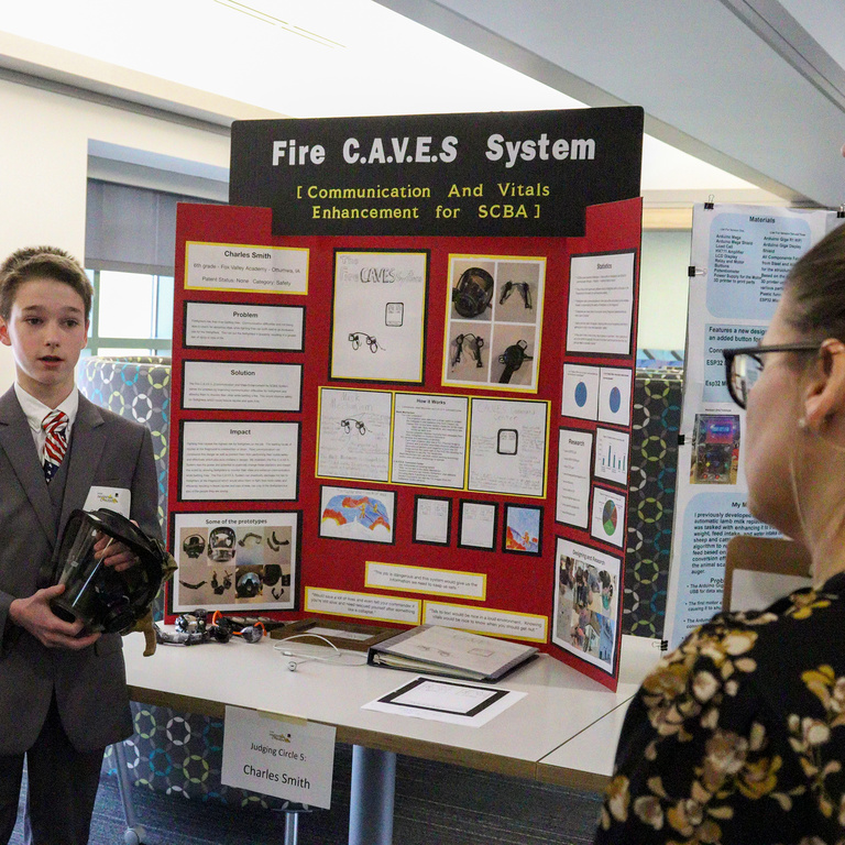 Charles presenting his Fire C.A.V.E.S System at the Iowa Invention Convention