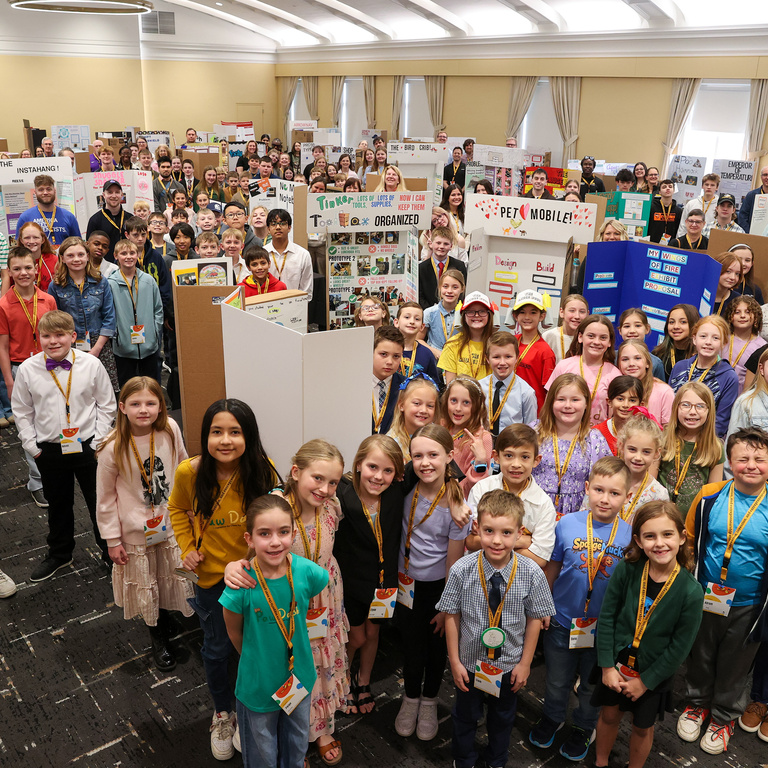 Group photo of student inventors at Iowa Invention Convention State Finals 2026