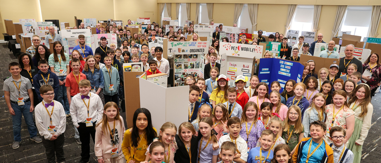 Photo of all students and judges at the 2026 Iowa Invention Convention State Finals event
